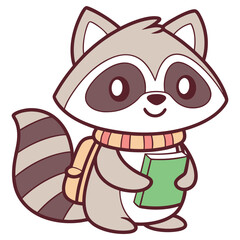 Cartoon Raccoon Student Holding Book With Scarf and Backpack