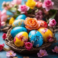 Fototapeta premium Colorful Easter eggs and blooming spring flowers in bright cheerful scene