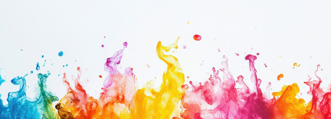 Fototapeta premium Vibrant splashes of colorful paint create dynamic and energetic scene, showcasing blend of blue, green, yellow, orange, pink, and red hues. This lively display evokes creativity and joy