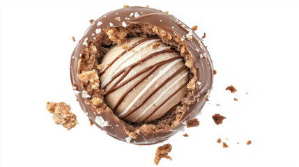Gourmet chocolate candy with cream filling and drizzle on white background
