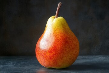 A vibrant red and yellow pear displayed against a dark backdrop