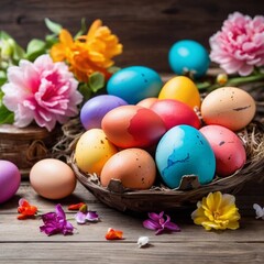 Fototapeta premium Colorful Easter eggs and blooming spring flowers in bright cheerful scene