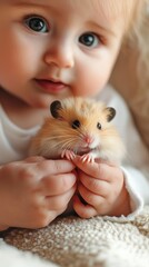 Cute Baby Holding Adorable Hamster in Soft Cozy Setting