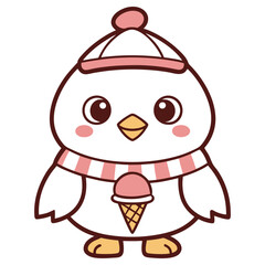 Adorable Cartoon Bird Character with Pink Scarf and Ice Cream Cone on White