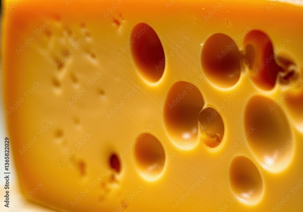 Poster close-up of a block of cheese with distinctive holes and texture