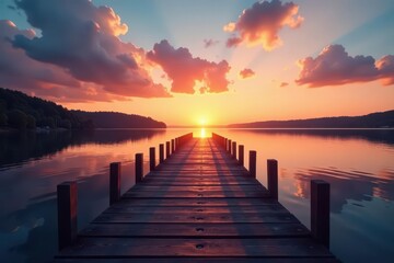 Obraz premium Empty pier extending into sunset-lit river, tranquil scene, wood, shadow