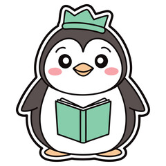 Cute Kawaii Penguin Cartoon with Crown Reading Book on Transparent Background