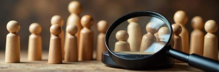 Magnifying glass over diverse wooden figurines, options, detail, hiring