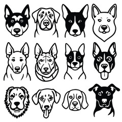 Fototapeta premium Dog breeds heads vector. Pet portrait in style of hand drawn black doodle on isolated background