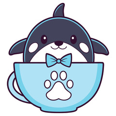 Adorable Cartoon Orca in Blue Tea Cup with Bow Tie Transparent Background