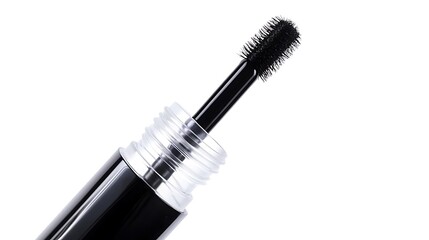 Obraz premium Close up of a black mascara wand and bottle on a white background