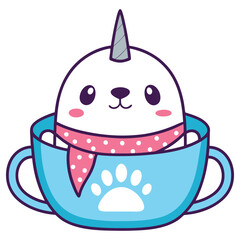 Cute Cartoon Unicorn Character Inside Blue Cup with Paw Print and Pink Scarf