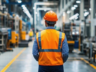 Industrial safety: rear view of engineer in high-visibility vest in a modern manufacturing facility