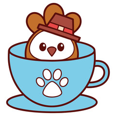 Teacup Turkey Clipart with Paw Print, Thanksgiving Bird Wearing a Hat