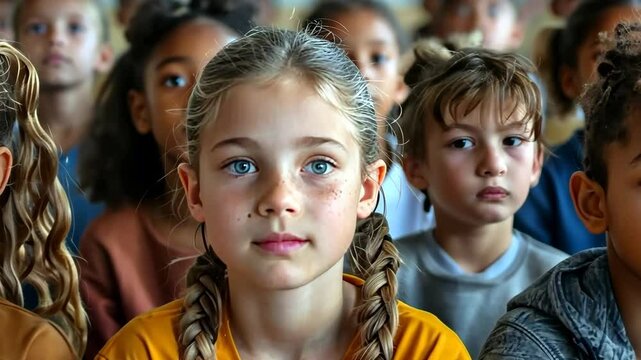 Children attentively listening to a guest speaker during a school assembly, highlighting community involvement in education