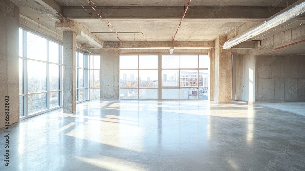 Aufkleber sunlit empty loft space with large windows offering city views.