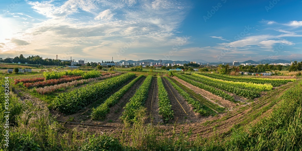 Poster wide view of carrot farm with rows of crops
