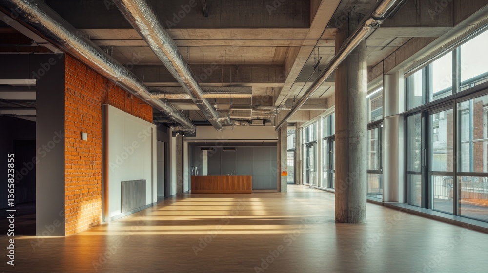 Aufkleber Sunlit empty loft space with exposed brick, concrete columns, and large windows.