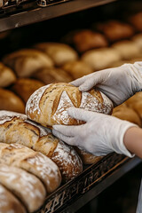 Gloved hands picking fresh bread from bakery  -  