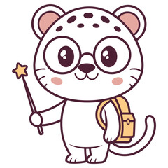 Cartoon Snow Leopard with Glasses Holding Wand and Backpack on Transparent Background