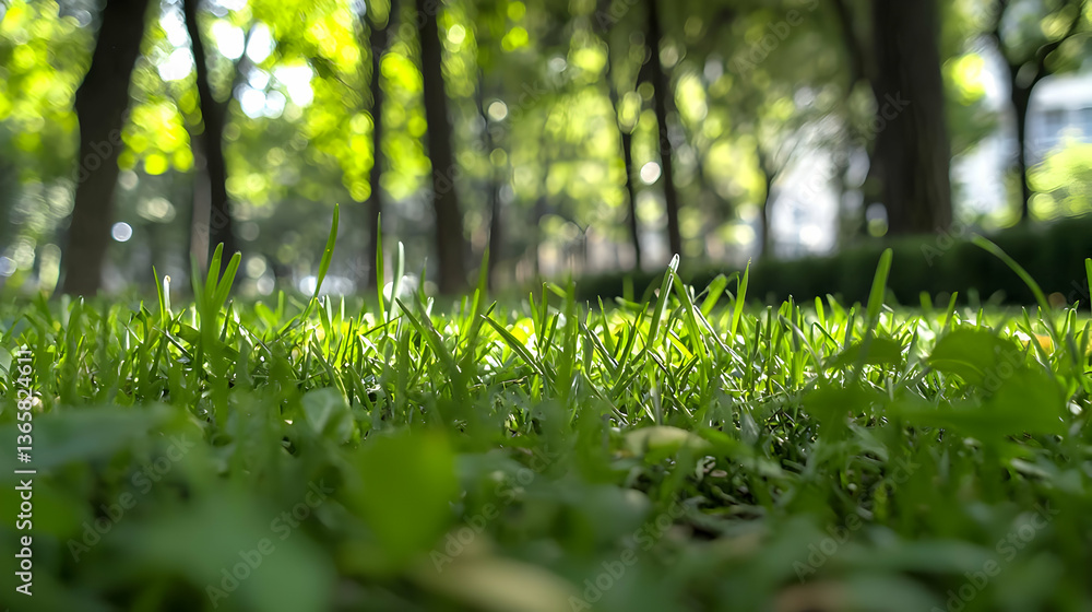 Poster close up view of green grass illuminated by sunlight in a park setting with blurred background