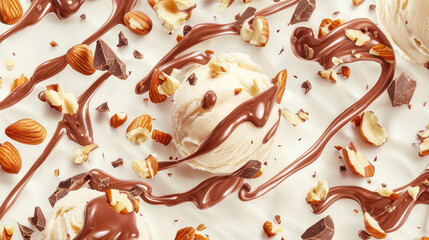 Indulgent dessert concept with chocolate curls on vanilla ice cream and nuts
