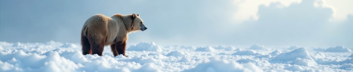 Fototapeta premium Arctic brown bear standing alone in snowy landscape, snow, animals
