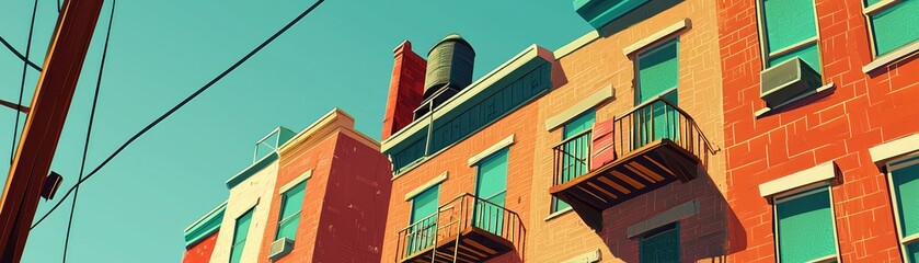 Obraz premium Cityscape, sunny day, urban building facades, balconies, wire, illustration