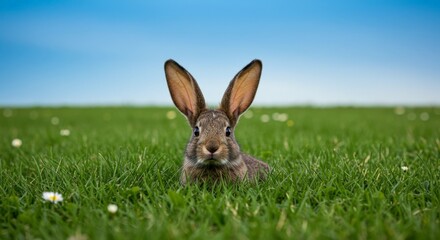 Obraz premium Hare sitting in grass meadow against blue sky