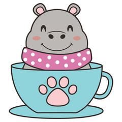 Cute Hippo Cartoon Character in Blue Cup with Paw Print on white