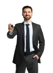 Cheerful salesman with car key on white background
