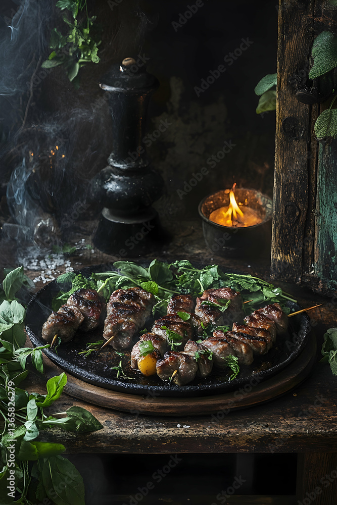 Poster grilled meat skewers with herbs in a rustic setting -
