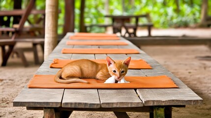 Small brown dog resting on wooden table outdoors