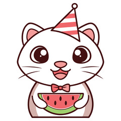 Cartoon White Cat in Party Hat with Bowtie Holding Watermelon, Isolated