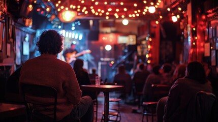 Fototapeta premium People watching live music at an intimate venue indoors