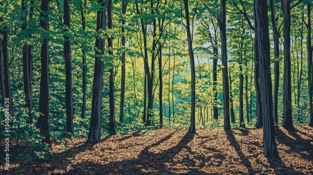 Aufkleber sunlit forest path with tall trees casting shadows on the ground.