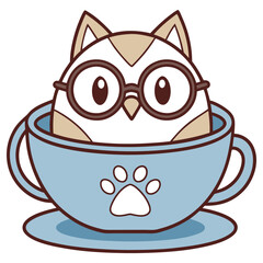Cartoon Owl with Glasses in Blue Coffee Cup with Paw Print on White