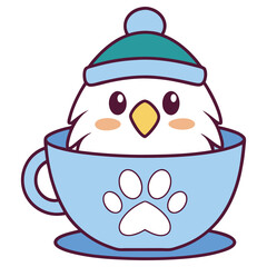 Cartoon Cute Bird in Blue Cup With Paw Print and Turquoise Hat on White