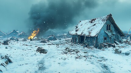 Burning Village with Winter War Scene.