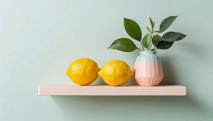 Yellow lemons and green leaves in vase on shelf against pastel wall