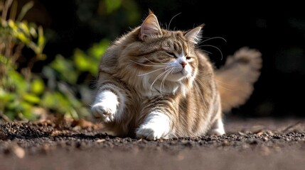 Obraz premium Playful cat walking on a path surrounded by greenery in a sunny outdoor setting