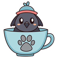 Charming Crow Cartoon Inside Cup with Paw Print and Hat on White Background