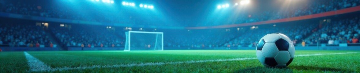 Blue soccer field with football player footprints and goalpost icons, football, stadium