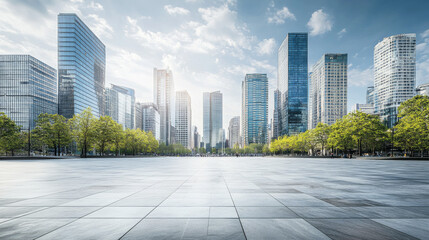 A spacious open square with a backdrop of a modern city skyline and towering buildings