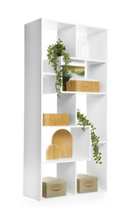 Wooden shelving unit with different home decor isolated on white
