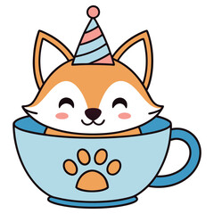 Cartoon Fox with Party Hat in Blue Mug, Cute Animal Clipart on White Background