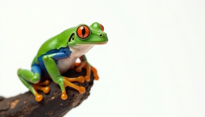 Obraz premium Green tree frog perched on white, vibrant color , design element, fauna