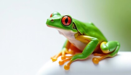 Obraz premium Green tree frog perched on white, vibrant skin, white background, wildlife photography, closeup