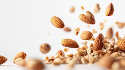 Fototapeta premium nuts such as walnut, almond, peanut, hazelnut falling from height with white background 12