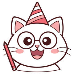 Adorable Cartoon Cat with Party Hat, Glasses, and Pencil on White Background